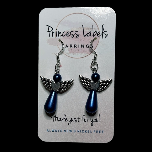 Hand Crafted Drop Earrings 3-D Articulating Angels Blue Pearl Silver Plate Wires - Picture 3 of 6